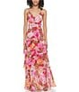 Color:Hot Pink - Image 1 - Floral Printed Chiffon V-Neck Sleeveless Tiered Gown