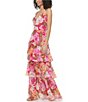 Color:Hot Pink - Image 3 - Floral Printed Chiffon V-Neck Sleeveless Tiered Gown