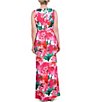 Color:Pink Multi - Image 2 - Floral Satin Surplice V-Neck Sleeveless Twist Front Side Slit A-Line Gown