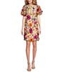Color:Multi Floral - Image 1 - Petite Size Short Puff Sleeve Crew Neck 3D Flower Dress