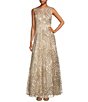 Color:Champagne - Image 1 - Petite Size Sleeveless Crew Neck Embroidered Sequin A-Line Gown