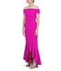 Color:Fuchsia - Image 3 - Scuba Off-The-Shoulder Cap Sleeve Ruched Side High-Low Ruffle Hem Fit and Flare Dress