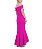 Color:Fuchsia - Image 5 - Scuba Off-The-Shoulder Cap Sleeve Ruched Side High-Low Ruffle Hem Fit and Flare Dress