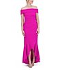 Color:Fuchsia - Image 6 - Scuba Off-The-Shoulder Cap Sleeve Ruched Side High-Low Ruffle Hem Fit and Flare Dress