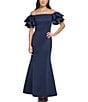 Color:Navy - Image 1 - Stretch Scuba Crepe Off-The-Shoulder Tiered Ruffle Short Sleeve Mermaid Gown