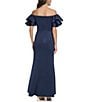 Color:Navy - Image 2 - Stretch Scuba Crepe Off-The-Shoulder Tiered Ruffle Short Sleeve Mermaid Gown