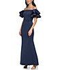 Color:Navy - Image 3 - Stretch Scuba Crepe Off-The-Shoulder Tiered Ruffle Short Sleeve Mermaid Gown