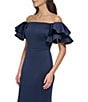 Color:Navy - Image 4 - Stretch Scuba Crepe Off-The-Shoulder Tiered Ruffle Short Sleeve Mermaid Gown