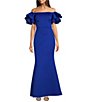 Color:Cobalt - Image 1 - Stretch Scuba Crepe Off-The-Shoulder Tiered Ruffle Short Sleeve Mermaid Gown