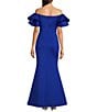 Color:Cobalt - Image 2 - Stretch Scuba Crepe Off-The-Shoulder Tiered Ruffle Short Sleeve Mermaid Gown