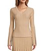 Color:Cream - Image 1 - Brianna Ribbed V-Neck Long Sleeve Coordinating Top