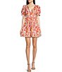 Color:Coral Multi - Image 1 - Giada Floral Print V Neck Short Puff Sleeve Mini Dress