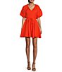 Color:Tomato Red - Image 1 - Sonnet Flared V Neck Short Bubble Sleeve Mini Dress