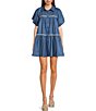 Color:Chambray - Image 1 - Tara Point Collar Short Bubble Sleeve Side Pocket Button Down Mini Shirt Dress