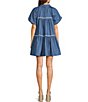 Color:Chambray - Image 2 - Tara Point Collar Short Bubble Sleeve Side Pocket Button Down Mini Shirt Dress