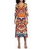 Color:Annie - Image 1 - Knit Jersey Mod Floral Print V-Neck 3/4 Sleeve Midi A-Line Dress
