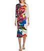 Color:Celine - Image 1 - Knit Jersey Watercolor Floral Placement Print Round Neck 3/4 Sleeve Side Slit Midi Sheath Dress