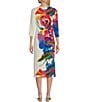 Color:Celine - Image 2 - Knit Jersey Watercolor Floral Placement Print Round Neck 3/4 Sleeve Side Slit Midi Sheath Dress