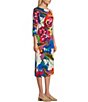 Color:Celine - Image 3 - Knit Jersey Watercolor Floral Placement Print Round Neck 3/4 Sleeve Side Slit Midi Sheath Dress