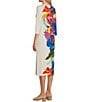 Color:Celine - Image 4 - Knit Jersey Watercolor Floral Placement Print Round Neck 3/4 Sleeve Side Slit Midi Sheath Dress