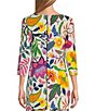 Color:Willow - Image 2 - Mixed Floral Print Knit Jersey Boat Neck 3/4 Sleeve Side Slit Tunic