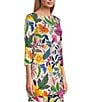 Color:Willow - Image 3 - Mixed Floral Print Knit Jersey Boat Neck 3/4 Sleeve Side Slit Tunic