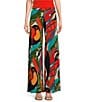 Color:Toucan - Image 1 - Toucan Tropical Leaf Print Knit Jersey Elastic Waist Wide-Leg Pull-On Pants