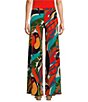 Color:Toucan - Image 2 - Toucan Tropical Leaf Print Knit Jersey Elastic Waist Wide-Leg Pull-On Pants