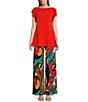 Color:Toucan - Image 3 - Toucan Tropical Leaf Print Knit Jersey Elastic Waist Wide-Leg Pull-On Pants