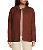 Color:Coffee - Image 1 - Quilted Crew Neck Long Sleeve Zipper Front Jacket