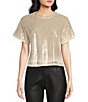 Color:Cream - Image 1 - Short Sleeve Crew Neck Sequined Blouse