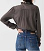 Color:Faded Black - Image 2 - Willa Ruffled Mock Neck Long Sleeve Picot Trim Agoya Button Front Blouse