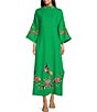 Color:Kelly Green - Image 3 - Asia 3/4 Sleeves Mock Neck Floral Embroidery Linen Belted Side Slit Caftan Maxi Dress