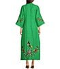 Color:Kelly Green - Image 4 - Asia 3/4 Sleeves Mock Neck Floral Embroidery Linen Belted Side Slit Caftan Maxi Dress