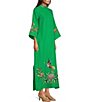 Color:Kelly Green - Image 5 - Asia 3/4 Sleeves Mock Neck Floral Embroidery Linen Belted Side Slit Caftan Maxi Dress