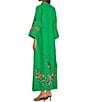 Color:Kelly Green - Image 6 - Asia 3/4 Sleeves Mock Neck Floral Embroidery Linen Belted Side Slit Caftan Maxi Dress