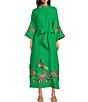 Color:Kelly Green - Image 1 - Asia 3/4 Sleeves Mock Neck Floral Embroidery Linen Belted Side Slit Caftan Maxi Dress