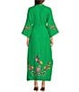 Color:Kelly Green - Image 2 - Asia 3/4 Sleeves Mock Neck Floral Embroidery Linen Belted Side Slit Caftan Maxi Dress