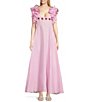Color:Aster Pink - Image 1 - Demre Ruffle Sleeve Rose Embroidery Linen V-Neck Empire Waist Maxi Dress
