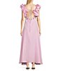 Color:Aster Pink - Image 2 - Demre Ruffle Sleeve Rose Embroidery Linen V-Neck Empire Waist Maxi Dress