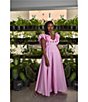 Color:Aster Pink - Image 4 - Demre Ruffle Sleeve Rose Embroidery Linen V-Neck Empire Waist Maxi Dress
