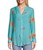 Color:Teal - Image 1 - Floral Embroidery Band Split V-Neck Roll-Tab Sleeve Button Down Shirt