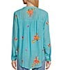 Color:Teal - Image 2 - Floral Embroidery Band Split V-Neck Roll-Tab Sleeve Button Down Shirt