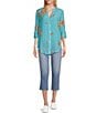 Color:Teal - Image 3 - Floral Embroidery Band Split V-Neck Roll-Tab Sleeve Button Down Shirt