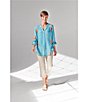Color:Teal - Image 5 - Floral Embroidery Band Split V-Neck Roll-Tab Sleeve Button Down Shirt