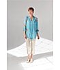 Color:Teal - Image 6 - Floral Embroidery Band Split V-Neck Roll-Tab Sleeve Button Down Shirt