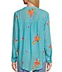 Color:Teal - Image 2 - Petite Size Floral Embroidery Band Split V-Neck Roll-Tab Sleeve Button Down Shirt