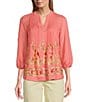 Color:Coral/Green - Image 1 - Petite Size Woven Embroidery Band V-Neck Long Sleeve Pintuck Detail Button-Front Shirt