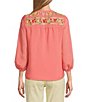 Color:Coral/Green - Image 2 - Petite Size Woven Embroidery Band V-Neck Long Sleeve Pintuck Detail Button-Front Shirt