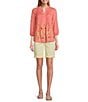 Color:Coral/Green - Image 3 - Petite Size Woven Embroidery Band V-Neck Long Sleeve Pintuck Detail Button-Front Shirt